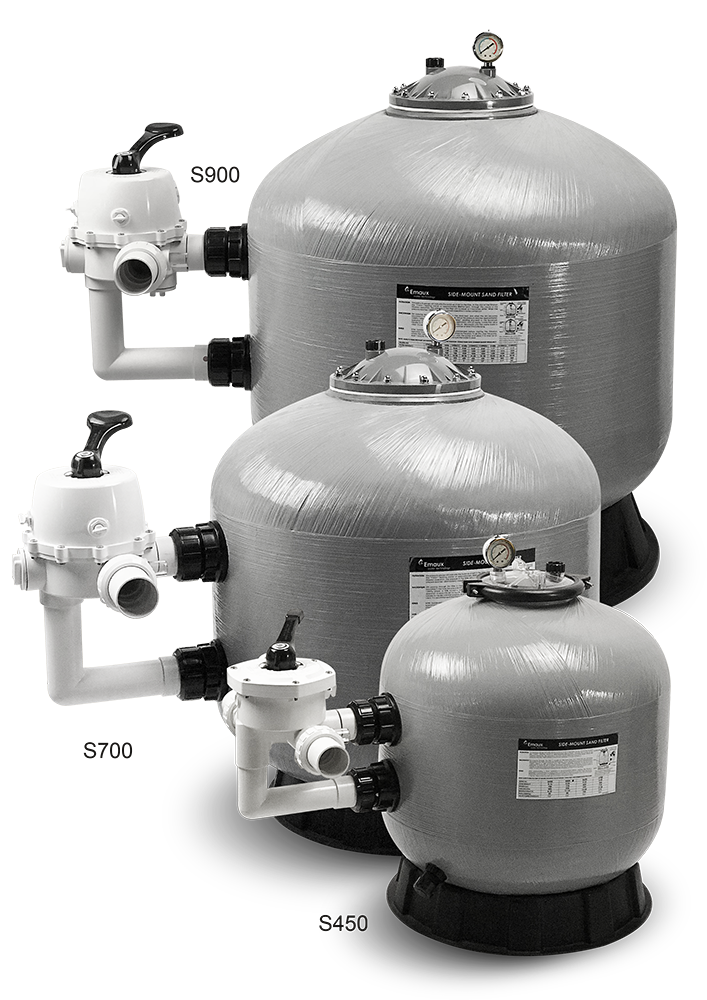 Swimming pool sand filter side mounted sand filter