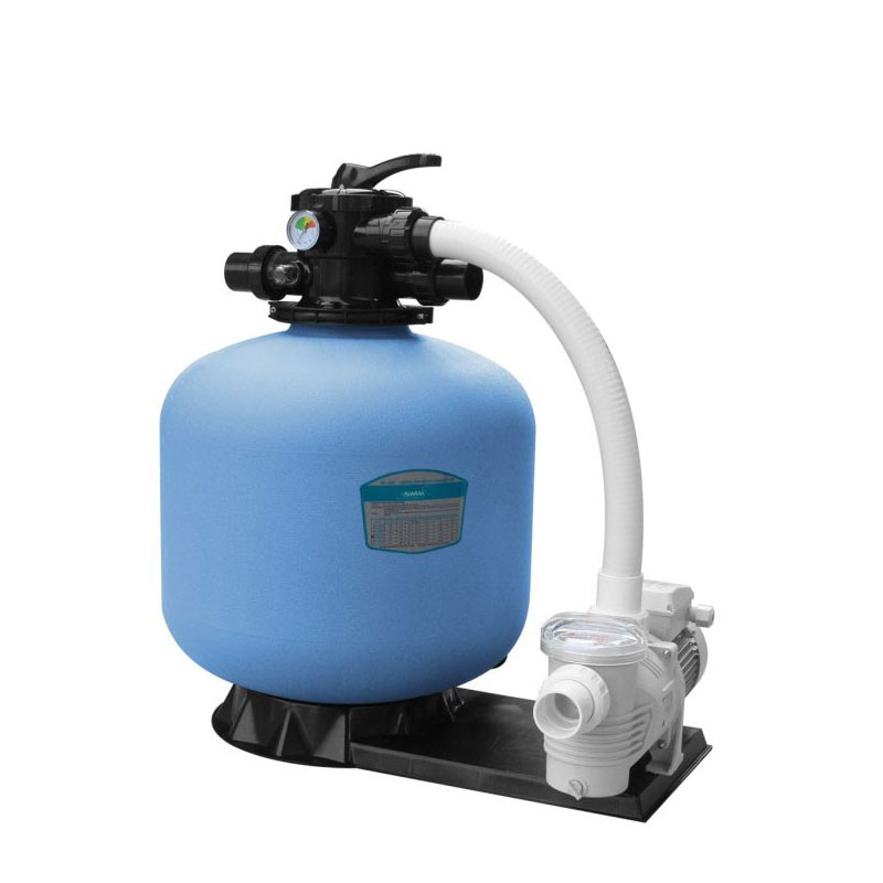 Combination of sand filter and pump for ground swimming pool filtration system